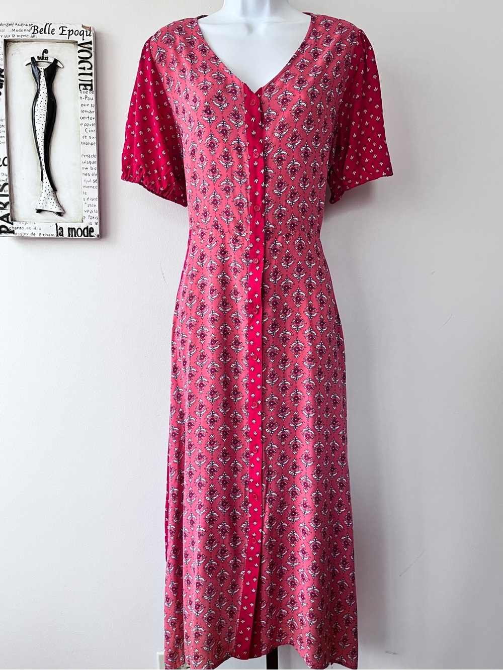 Sharagano Women’s Boho Floral Cottagecore Pink And Red Midi Dress Size 12